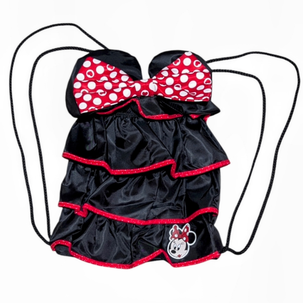 DisneyParks Minnie Mouse Ear/Red White Polka Dot Bow Ruffled Drawstring Backpack